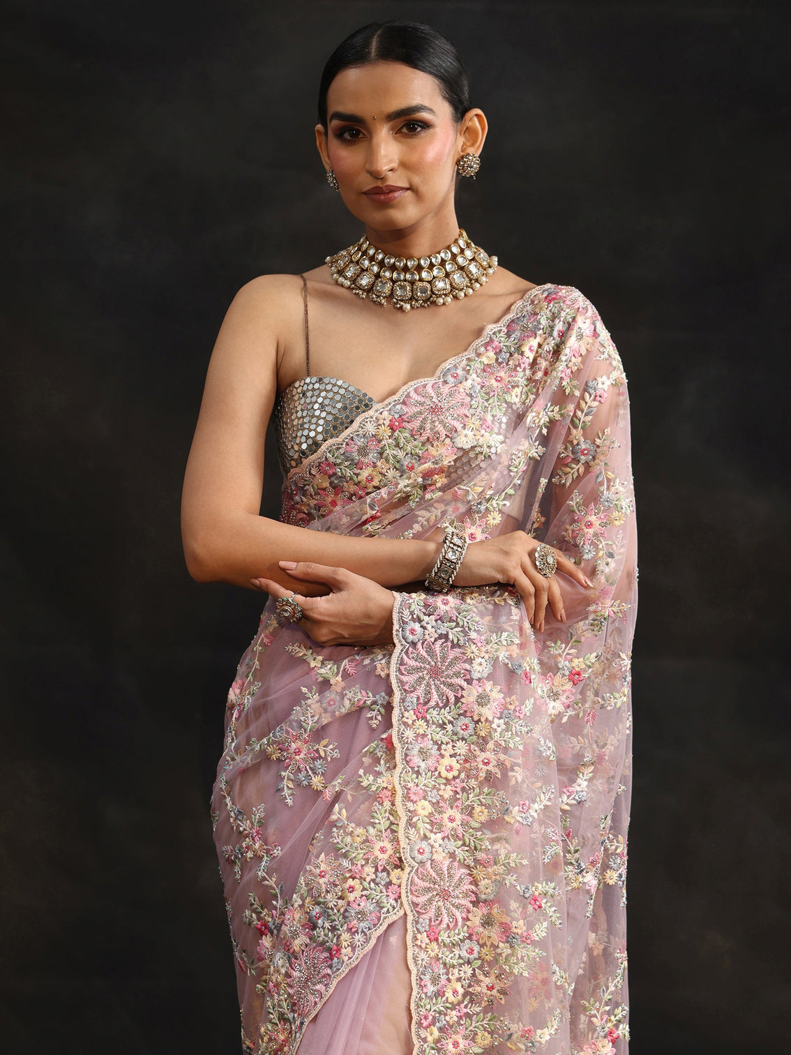 Mameraa Lavender Floral Embroidered Net Saree