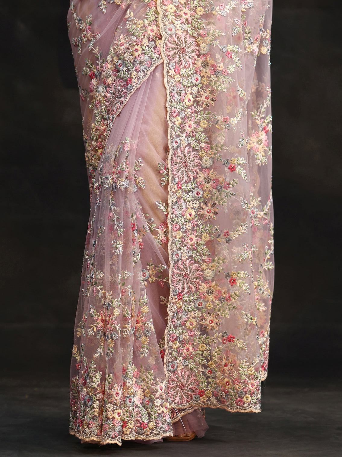 Mameraa Lavender Floral Embroidered Net Saree