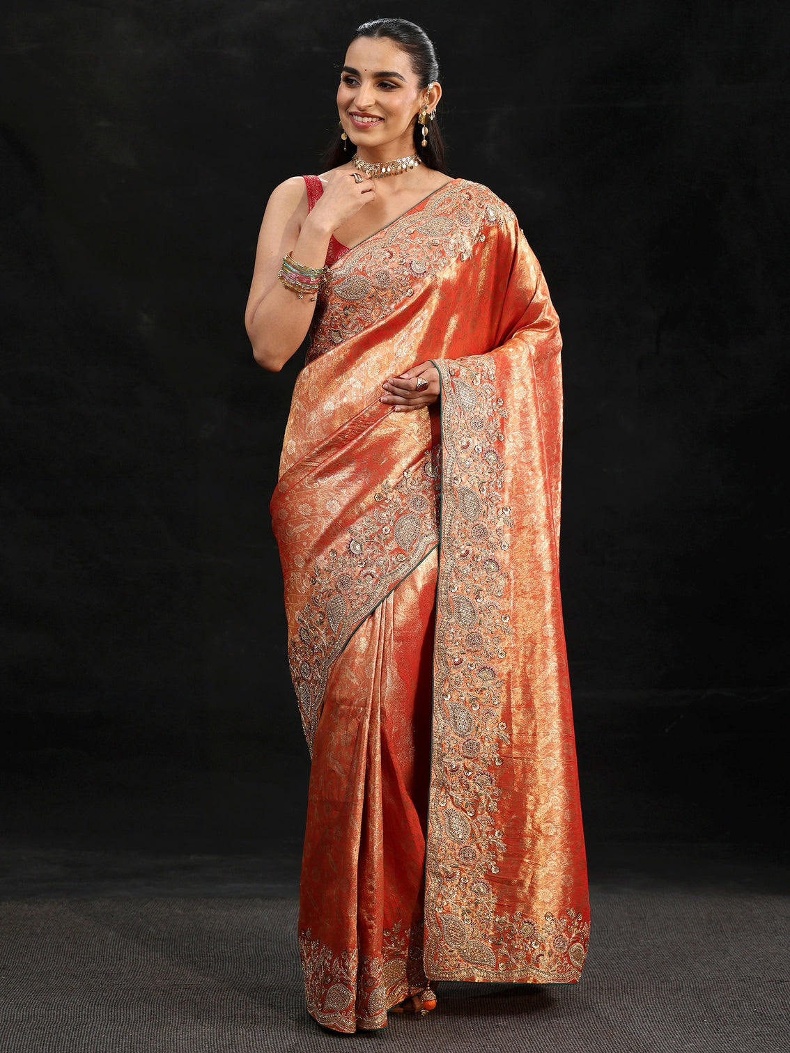 Mameraa Apricot Orange Woven Design Satin Saree with Embellished Border