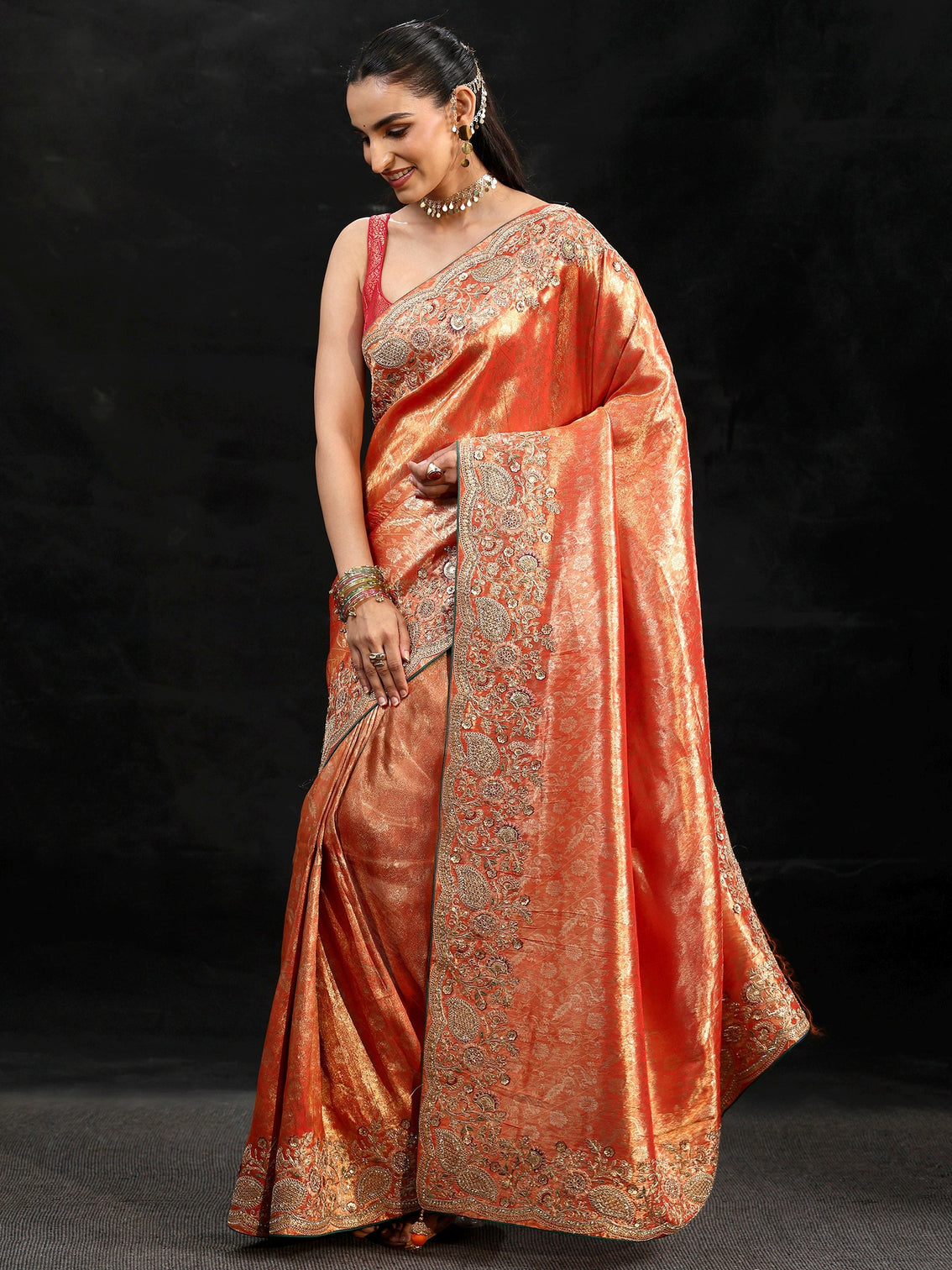 Mameraa Apricot Orange Woven Design Satin Saree with Embellished Border