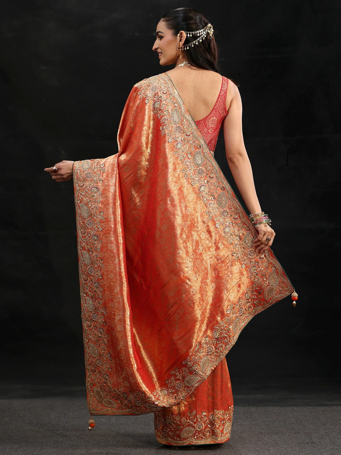 Mameraa Apricot Orange Woven Design Satin Saree with Embellished Border