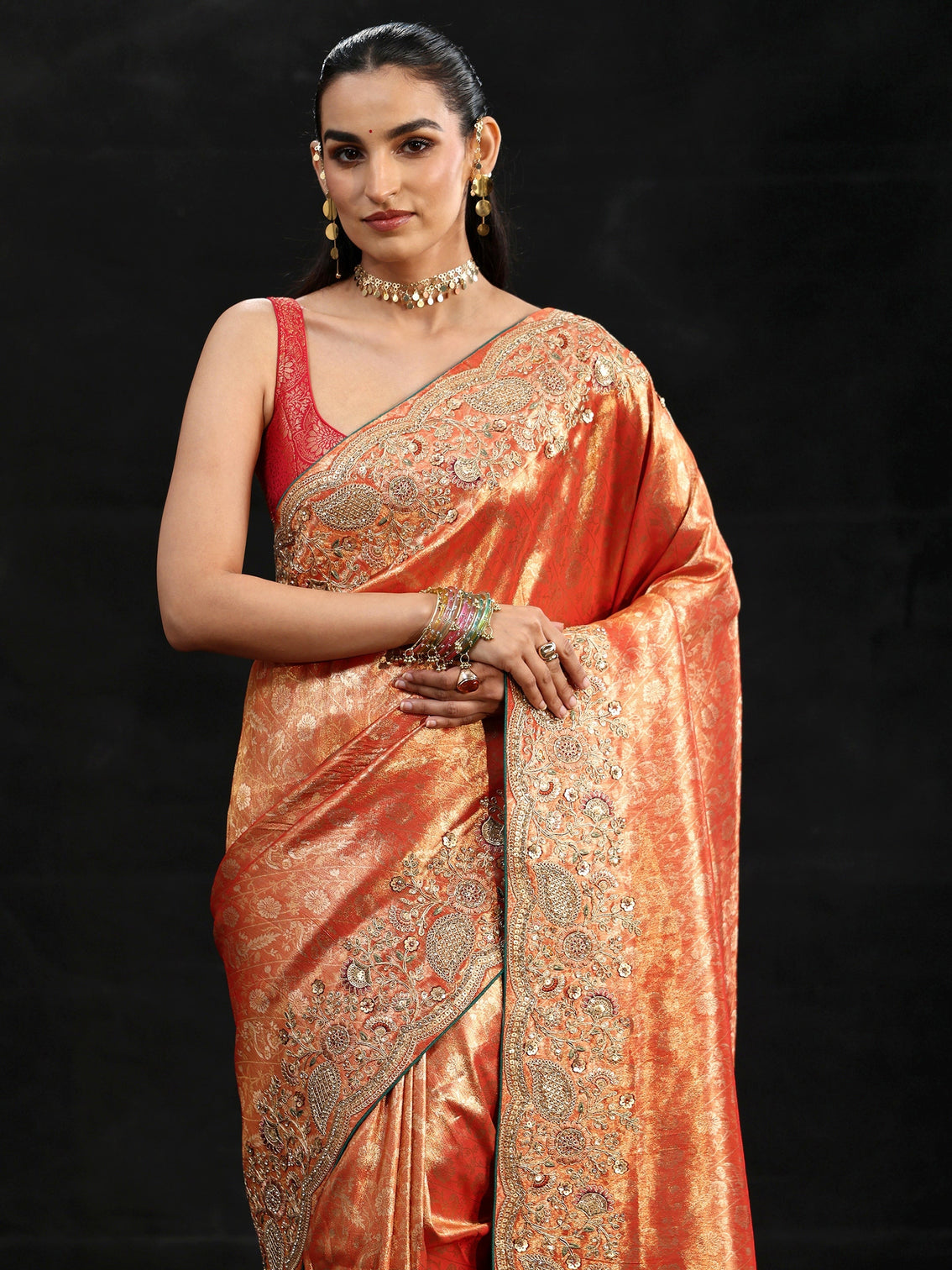 Mameraa Apricot Orange Woven Design Satin Saree with Embellished Border