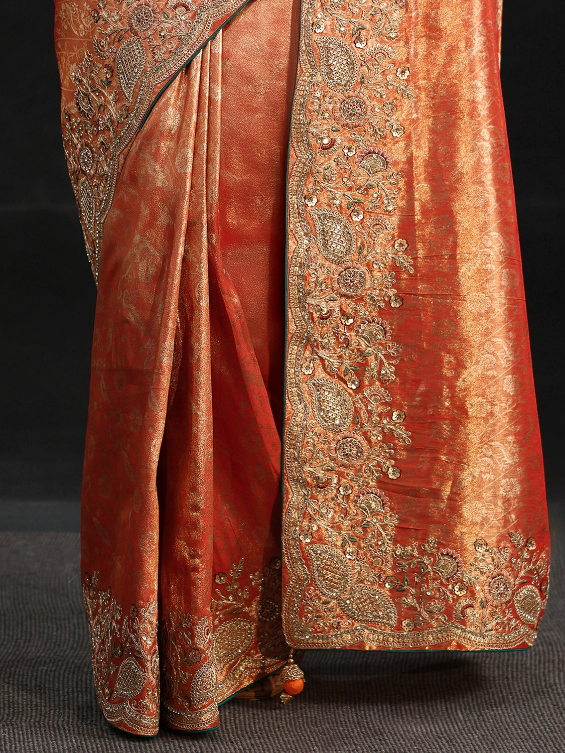 Mameraa Apricot Orange Woven Design Satin Saree with Embellished Border