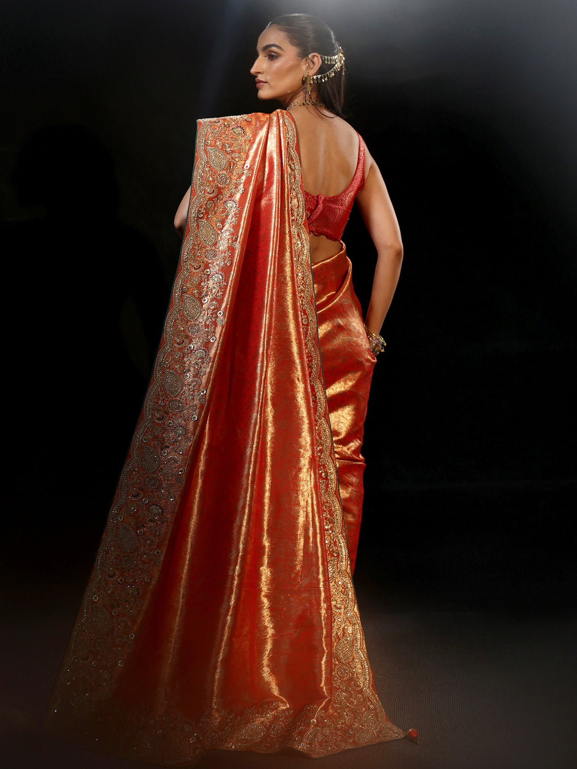 Mameraa Apricot Orange Woven Design Satin Saree with Embellished Border