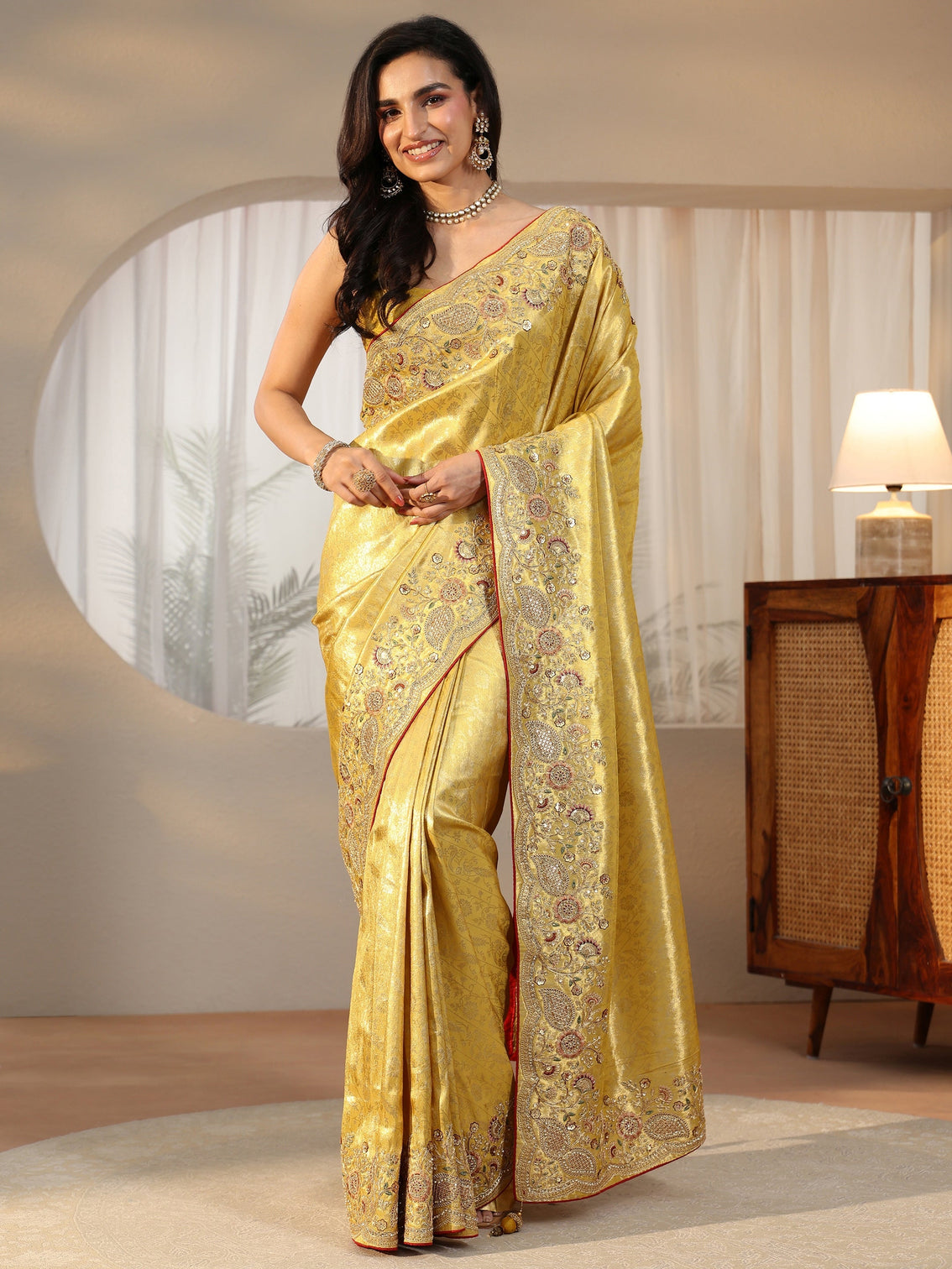 Mameraa Green Woven Design Satin Saree With Embellished Border