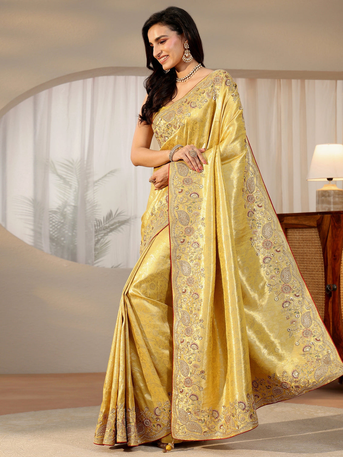Mameraa Green Woven Design Satin Saree With Embellished Border