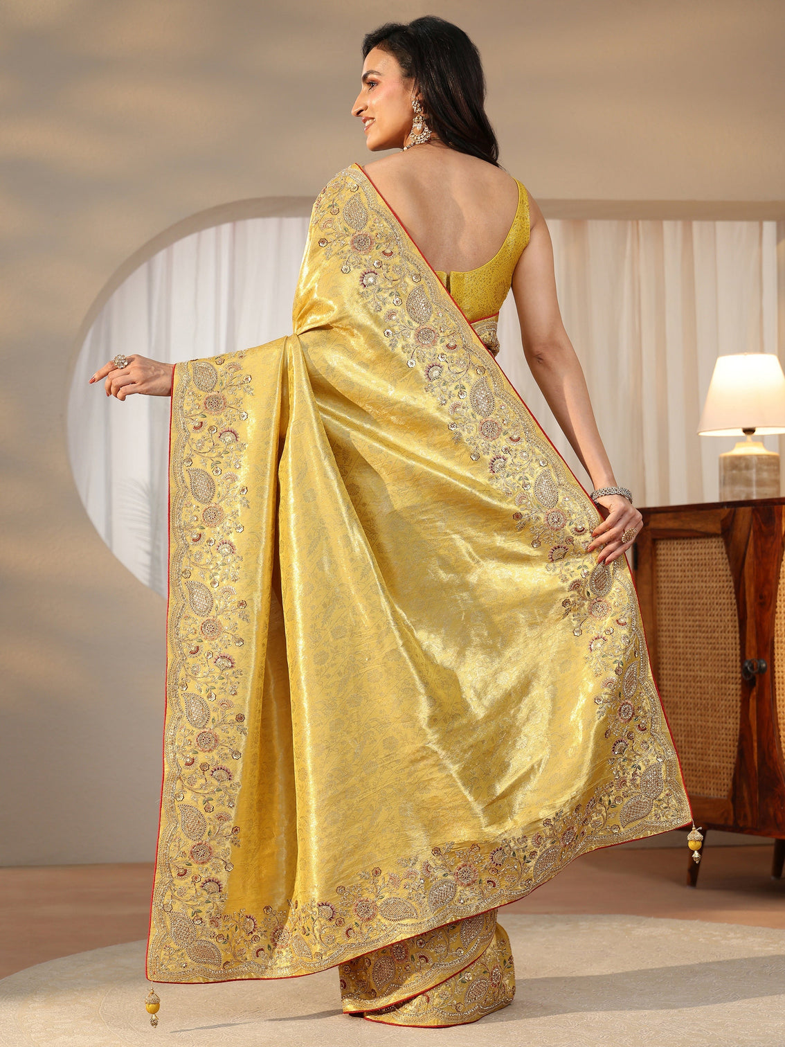 Mameraa Green Woven Design Satin Saree With Embellished Border