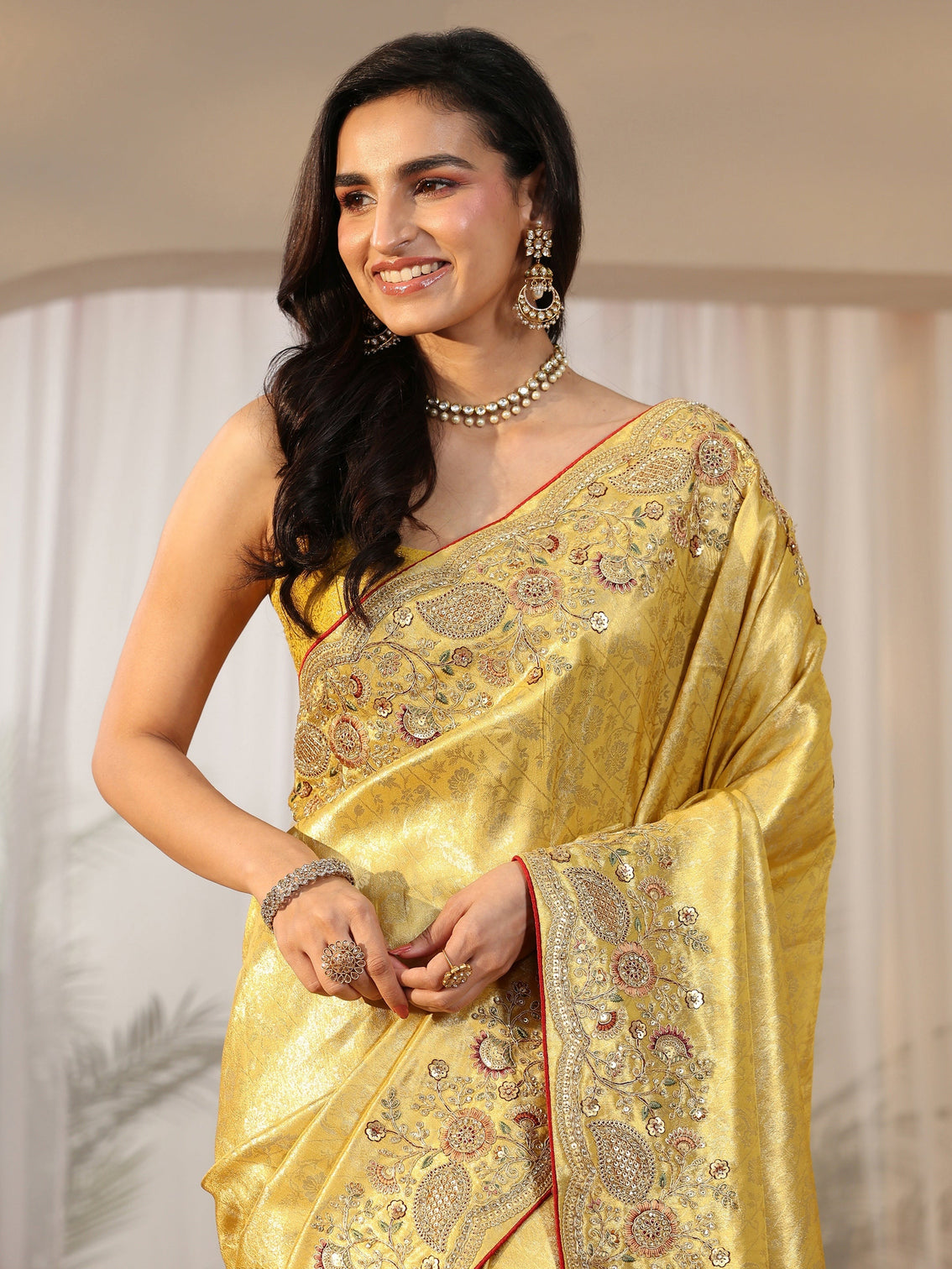 Mameraa Green Woven Design Satin Saree With Embellished Border
