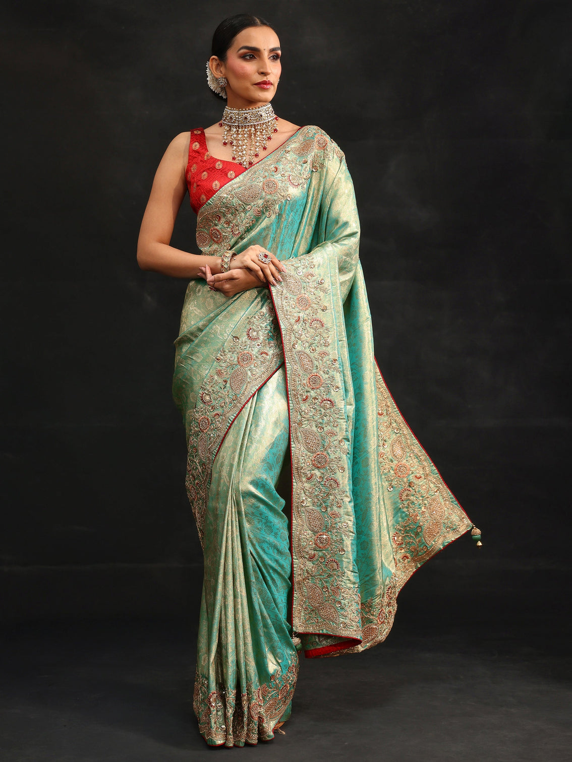 Mameraa Aqua Blue Woven Design Satin Saree with Embellished Border