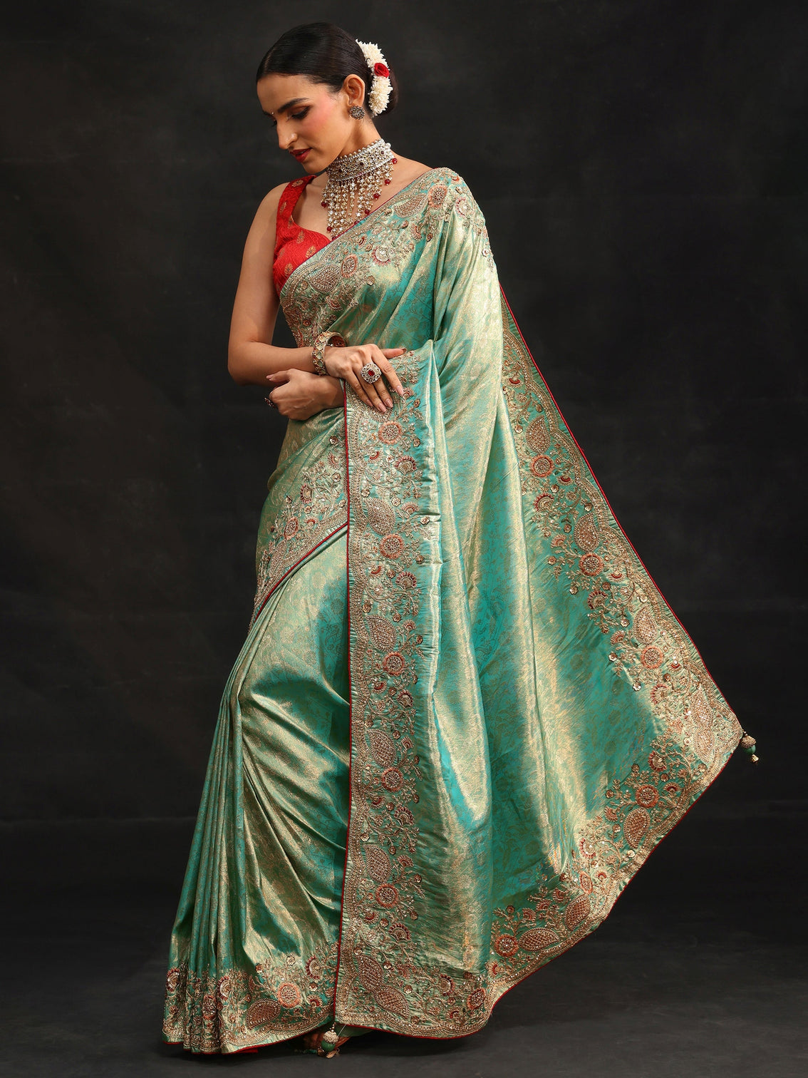 Mameraa Aqua Blue Woven Design Satin Saree with Embellished Border