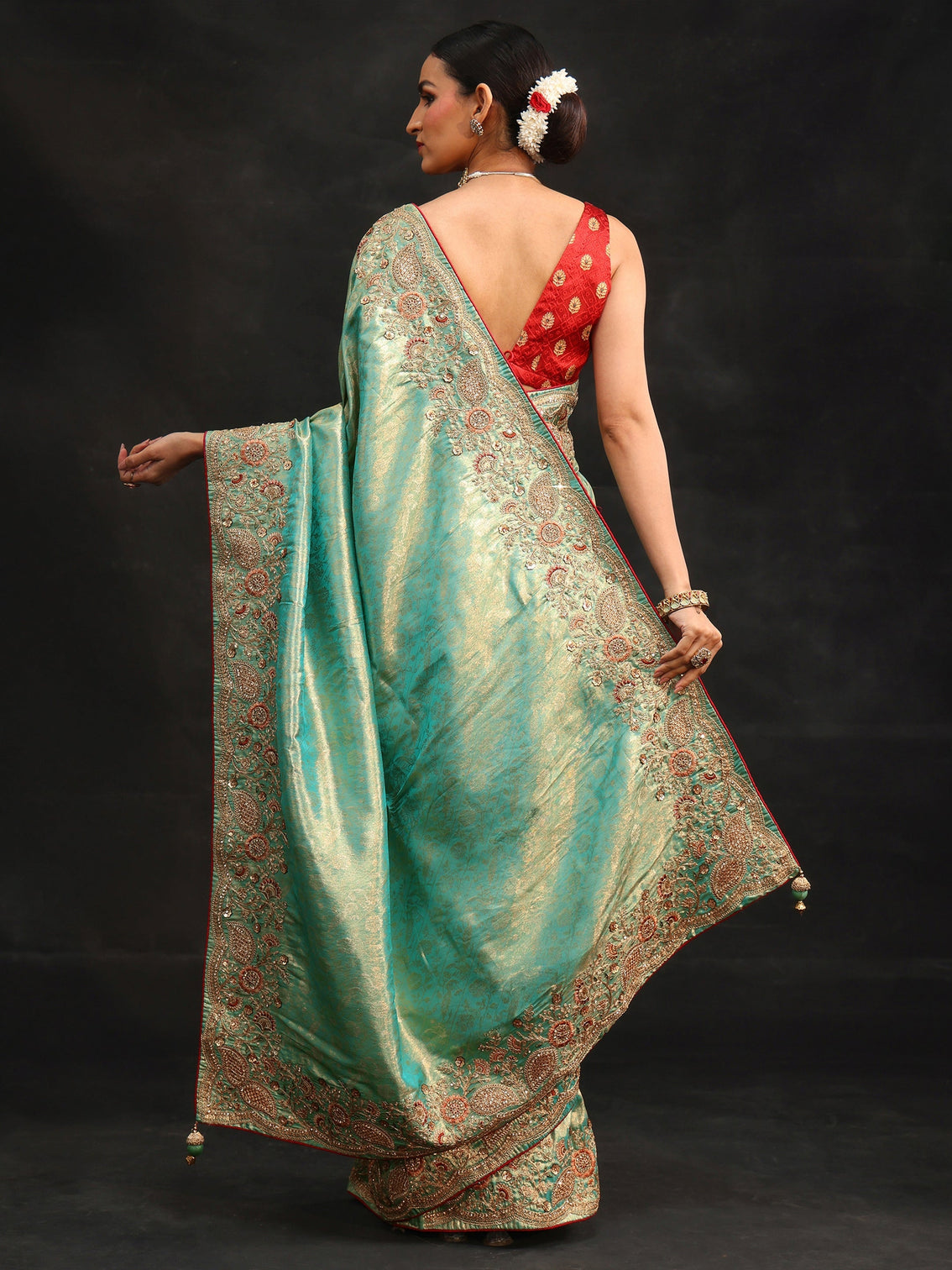 Mameraa Aqua Blue Woven Design Satin Saree with Embellished Border