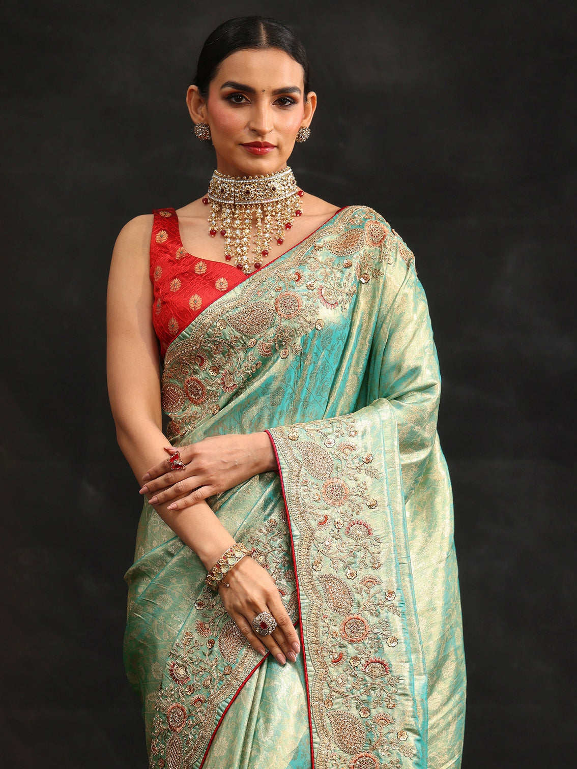 Mameraa Aqua Blue Woven Design Satin Saree with Embellished Border