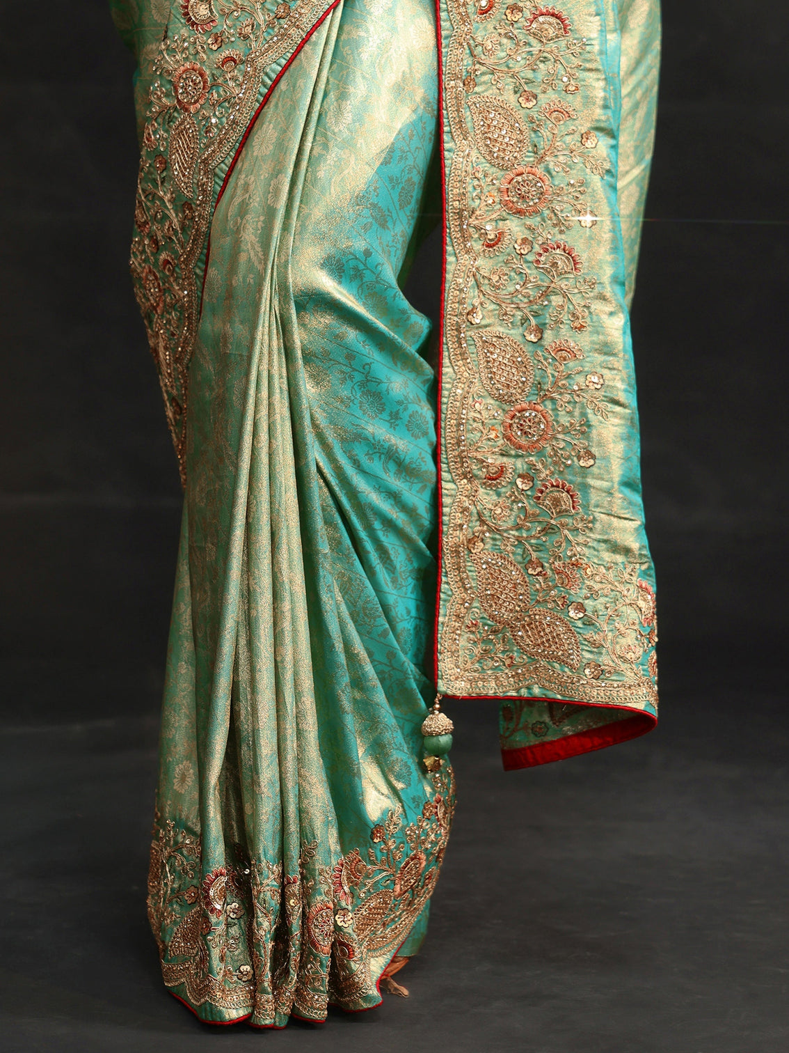 Mameraa Aqua Blue Woven Design Satin Saree with Embellished Border