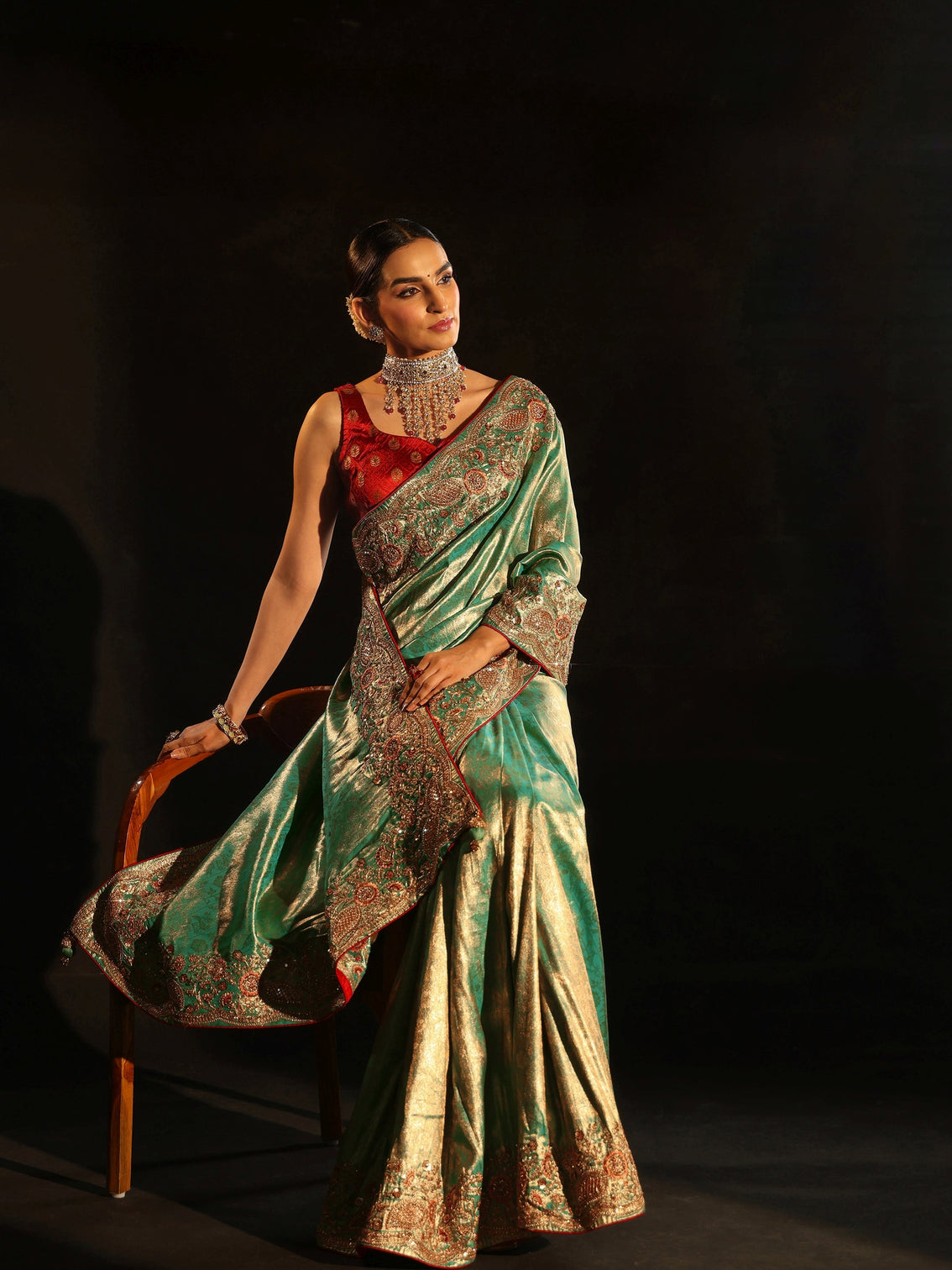Mameraa Aqua Blue Woven Design Satin Saree with Embellished Border