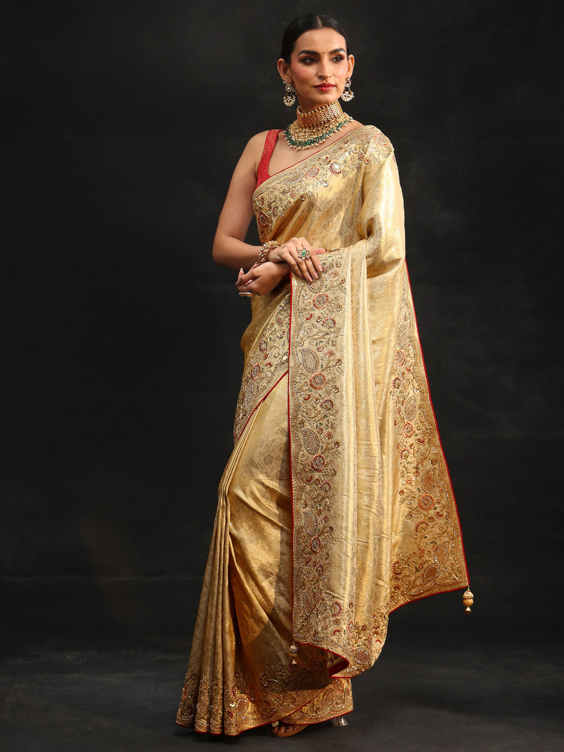 Mameraa Gold Woven Design Satin Saree with Embellished Border