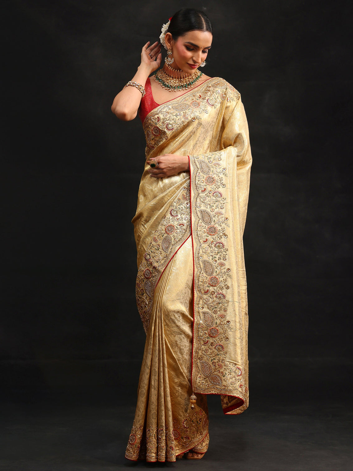 Mameraa Gold Woven Design Satin Saree with Embellished Border