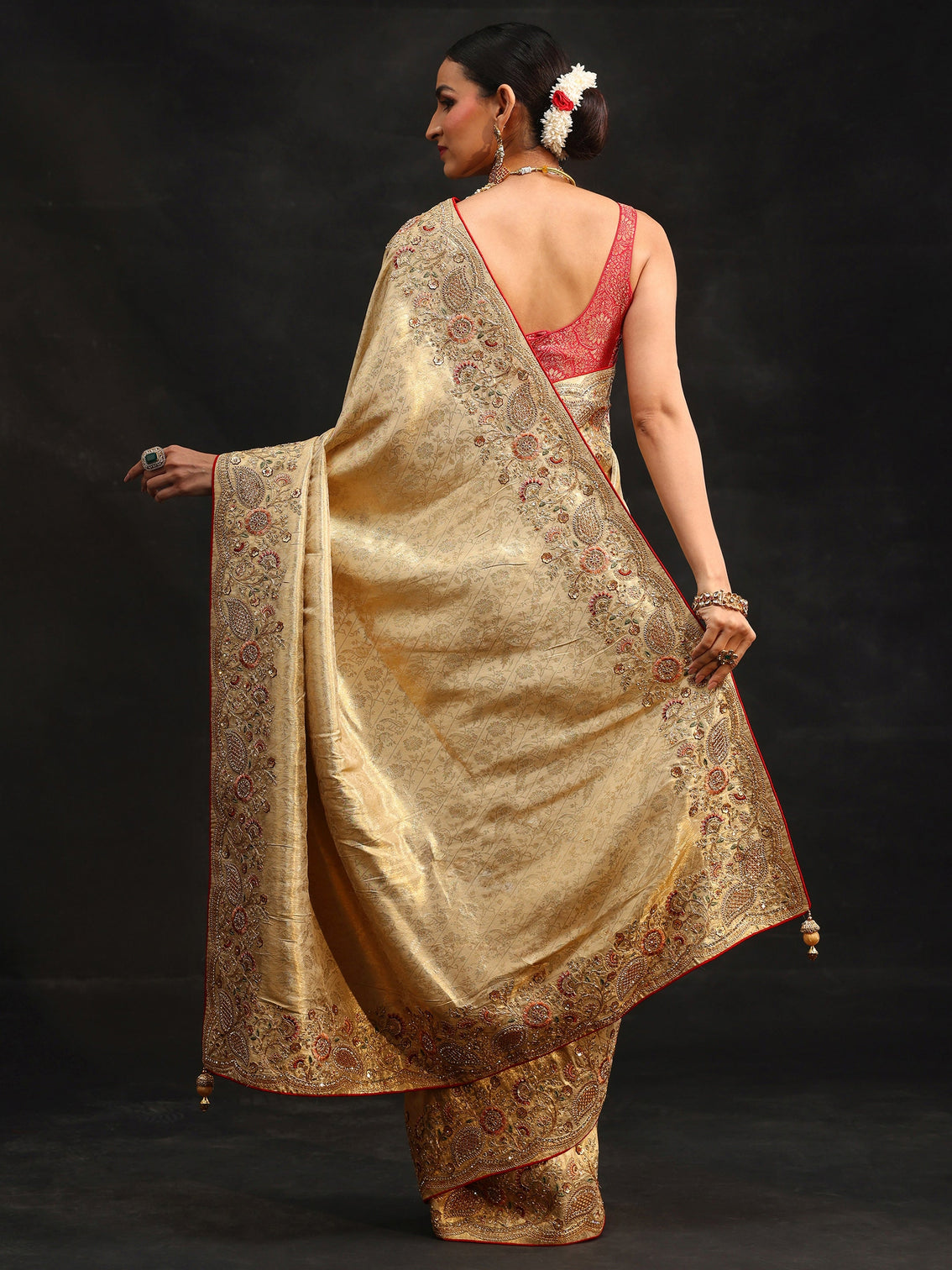 Mameraa Gold Woven Design Satin Saree with Embellished Border