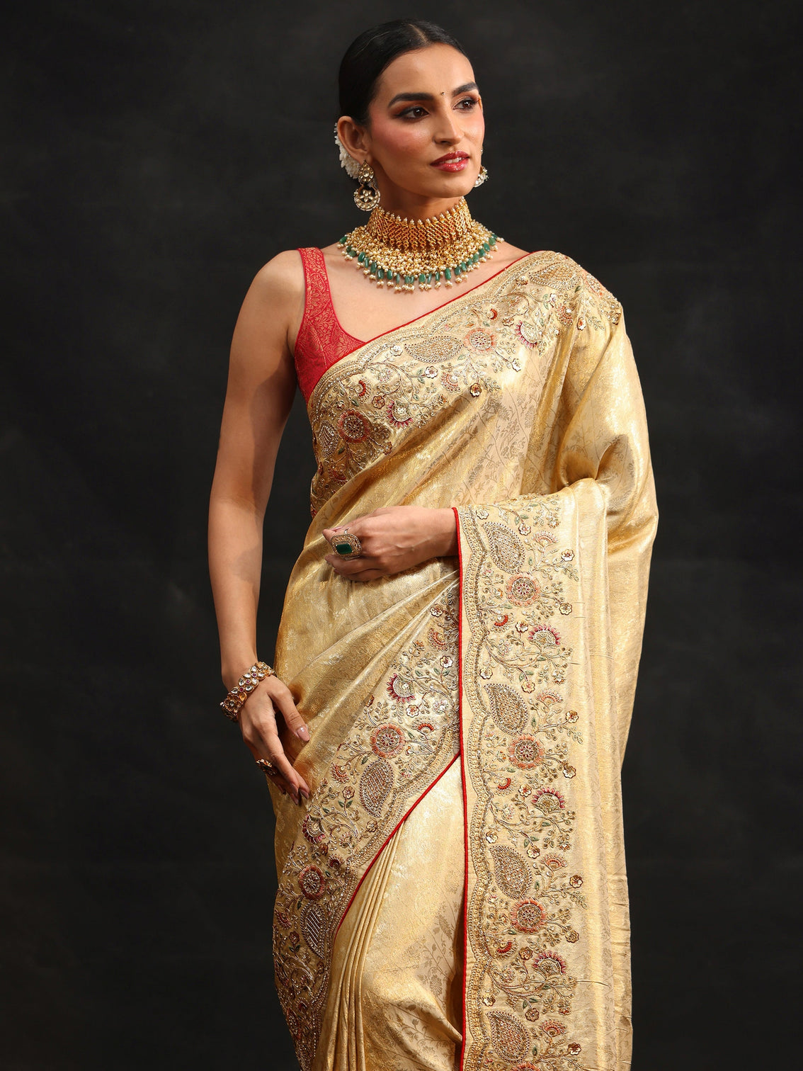 Mameraa Gold Woven Design Satin Saree with Embellished Border
