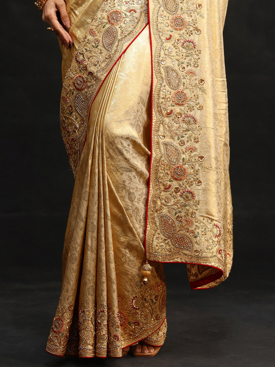 Mameraa Gold Woven Design Satin Saree with Embellished Border