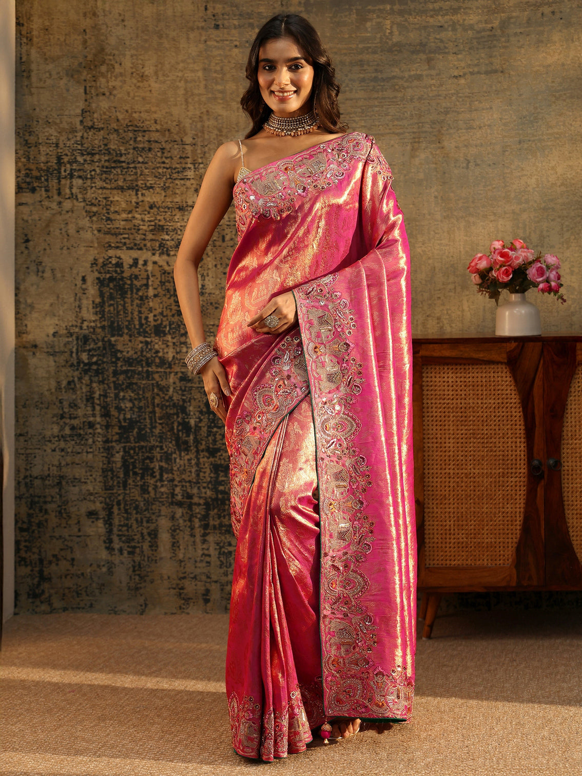 Mameraa Art Rani Pink Floral Woven Saree with Embellished Saree