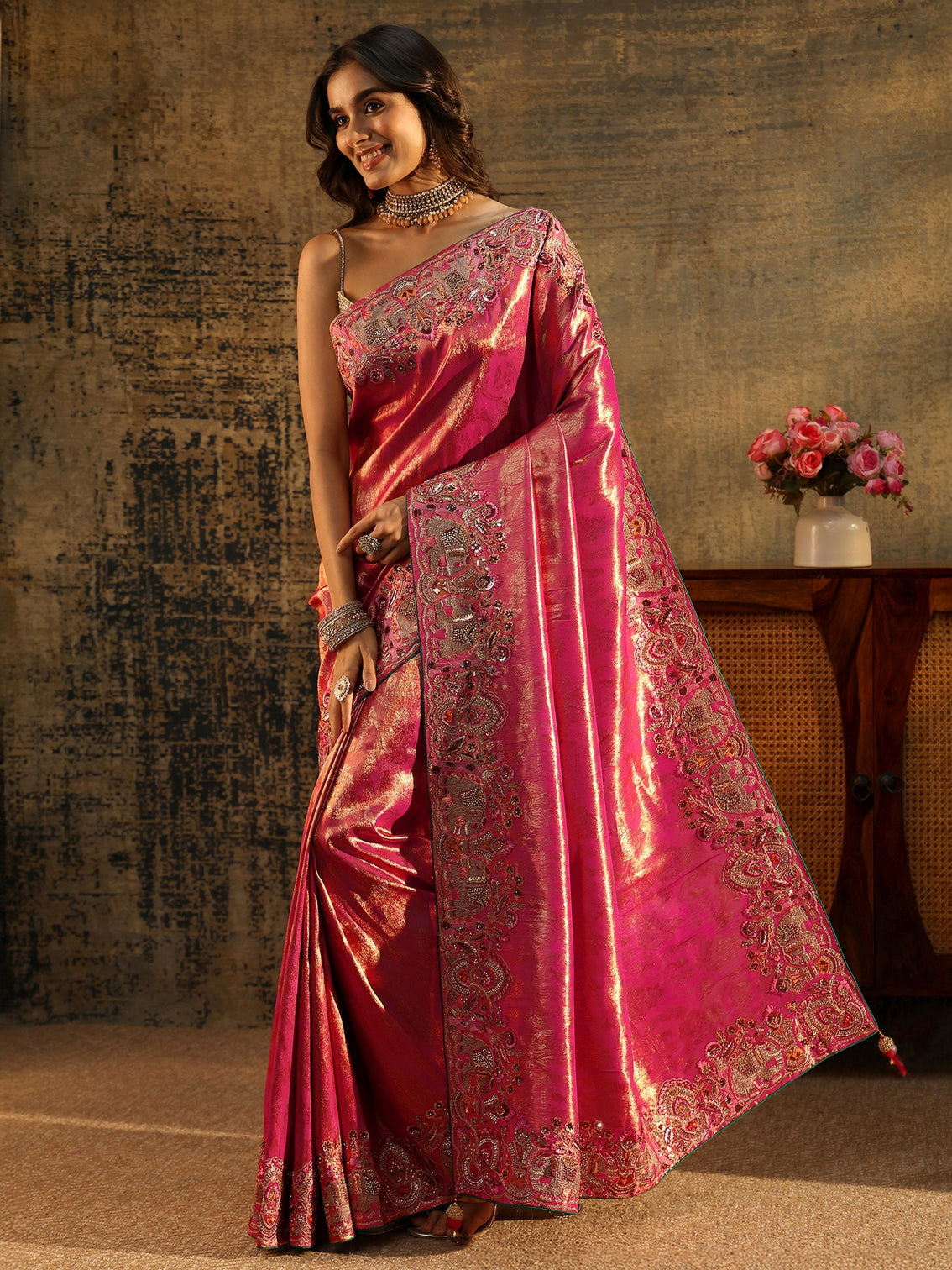 Mameraa Art Rani Pink Floral Woven Saree with Embellished Saree