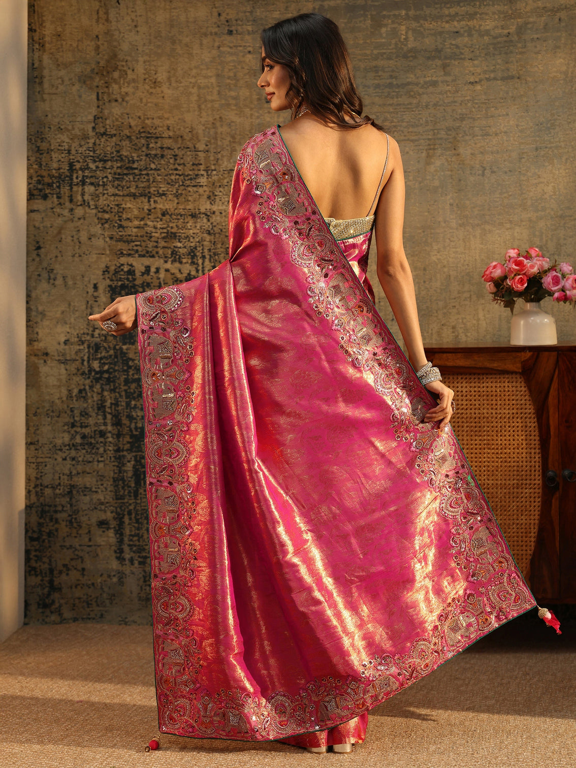 Mameraa Art Rani Pink Floral Woven Saree with Embellished Saree