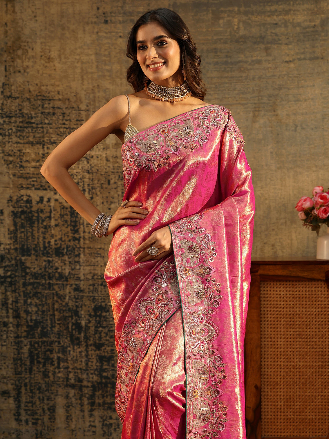 Mameraa Art Rani Pink Floral Woven Saree with Embellished Saree