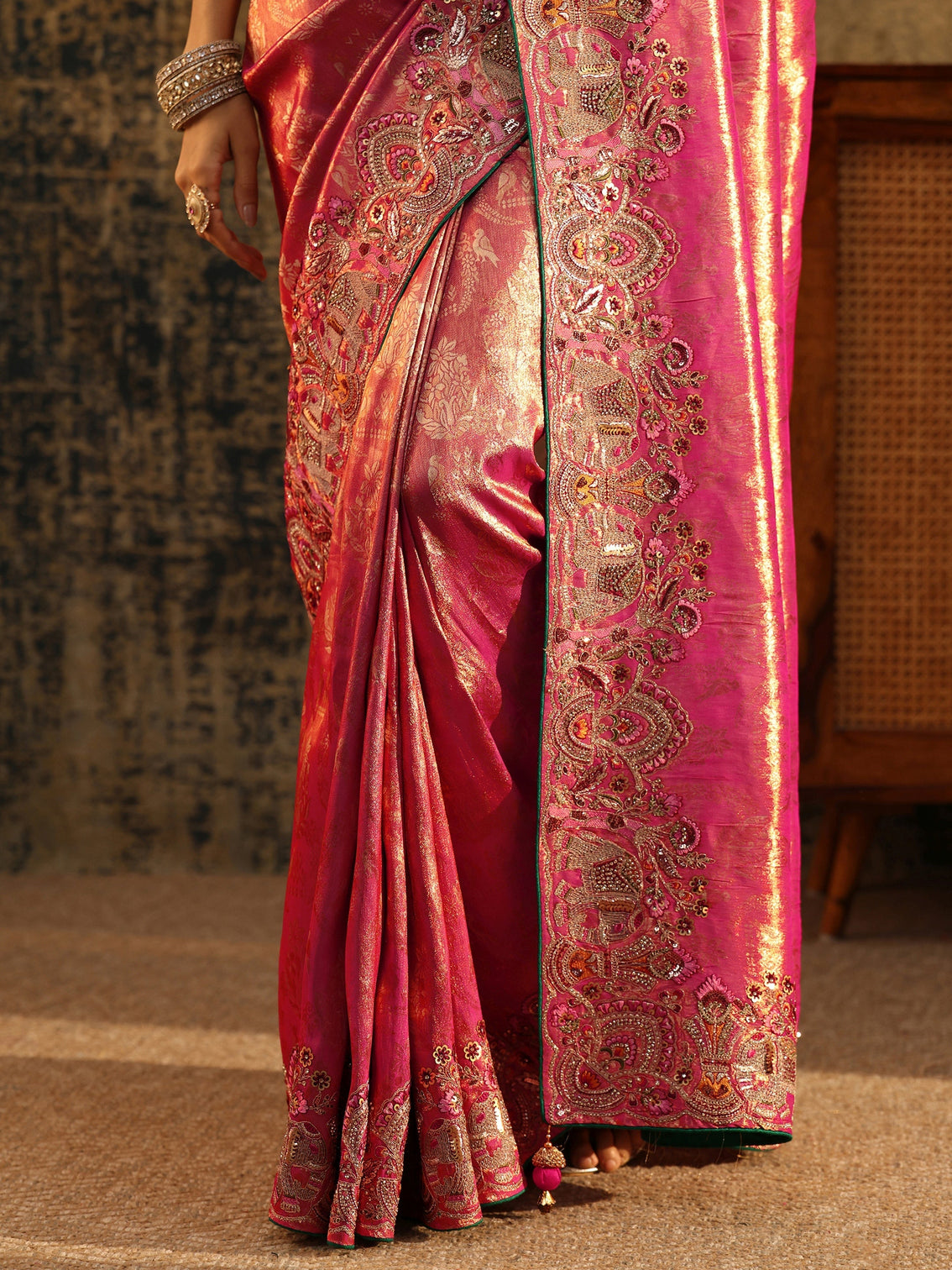 Mameraa Art Rani Pink Floral Woven Saree with Embellished Saree