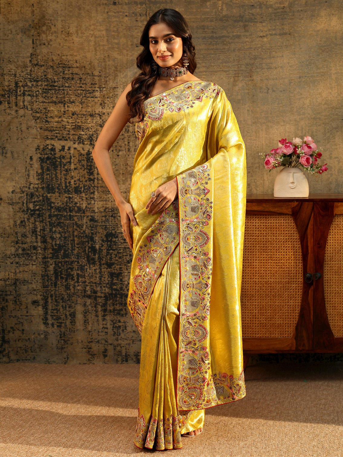 Mameraa Art Mustard Floral Woven Saree with Embellished Saree