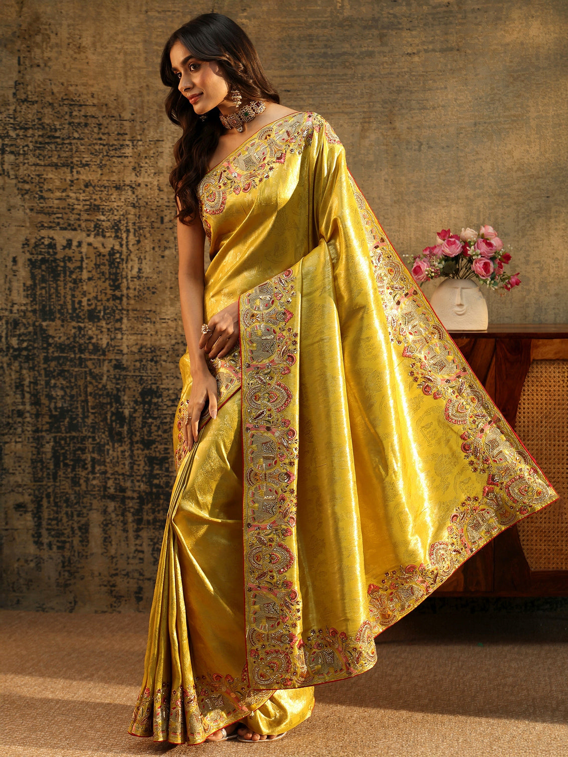Mameraa Art Mustard Floral Woven Saree with Embellished Saree