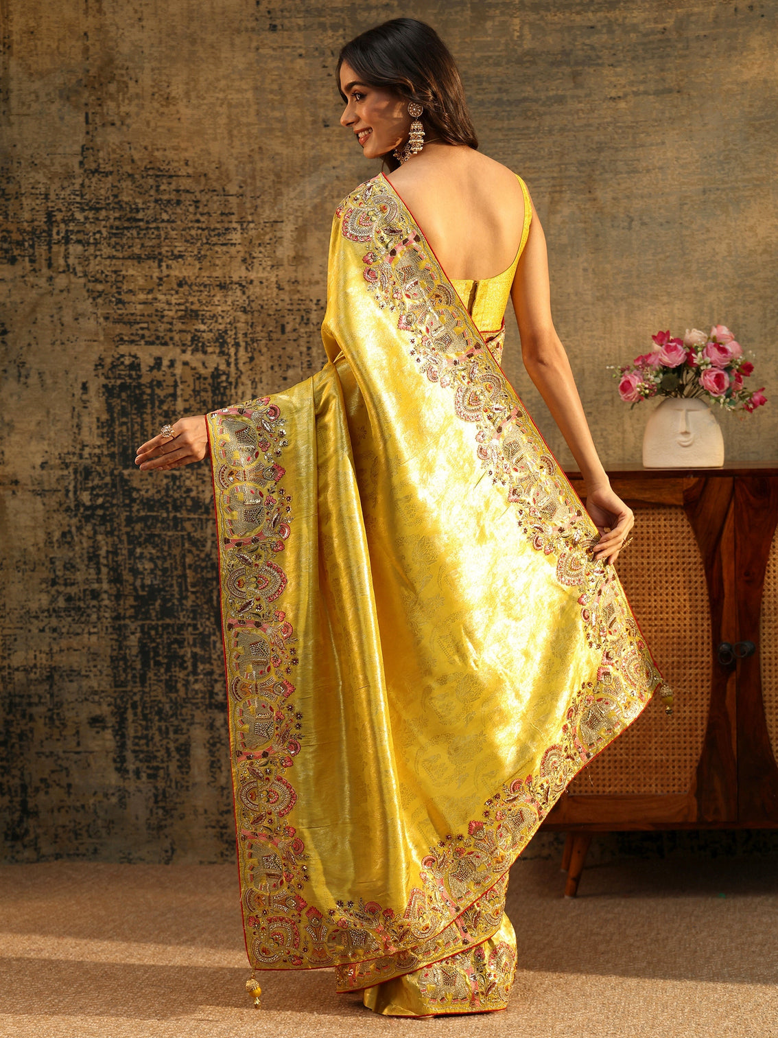 Mameraa Art Mustard Floral Woven Saree with Embellished Saree