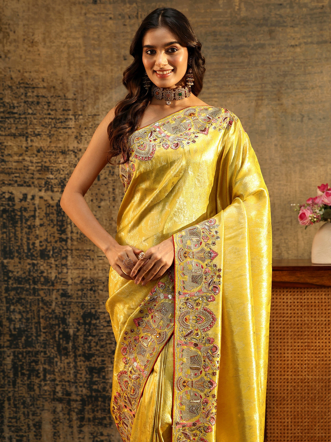 Mameraa Art Mustard Floral Woven Saree with Embellished Saree