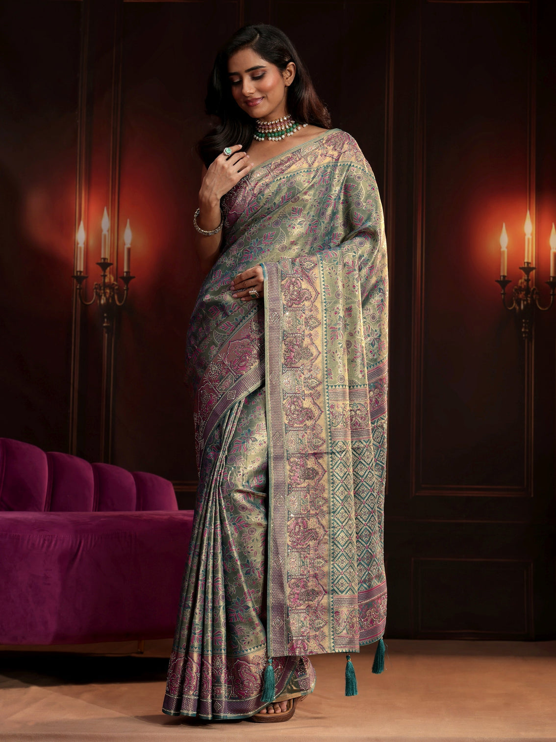 Mameraa Art Deep Sage Green Floral Woven Design Silk Blend Saree
