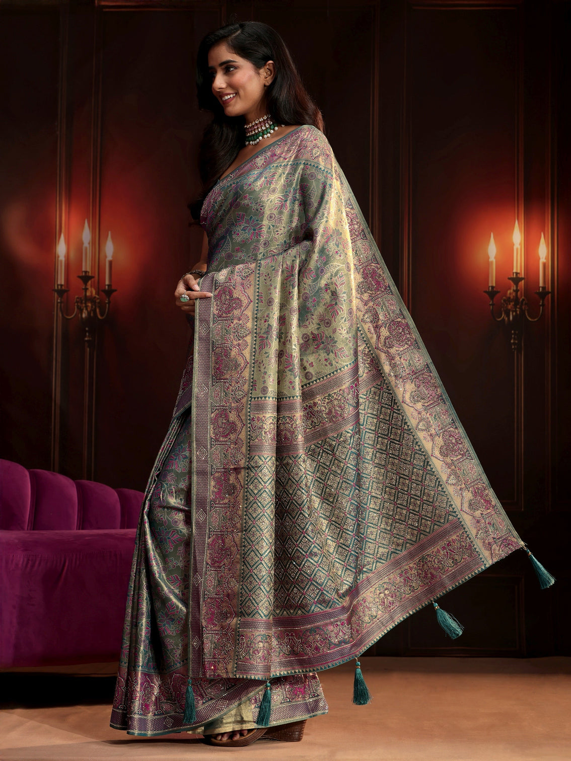 Mameraa Art Deep Sage Green Floral Woven Design Silk Blend Saree