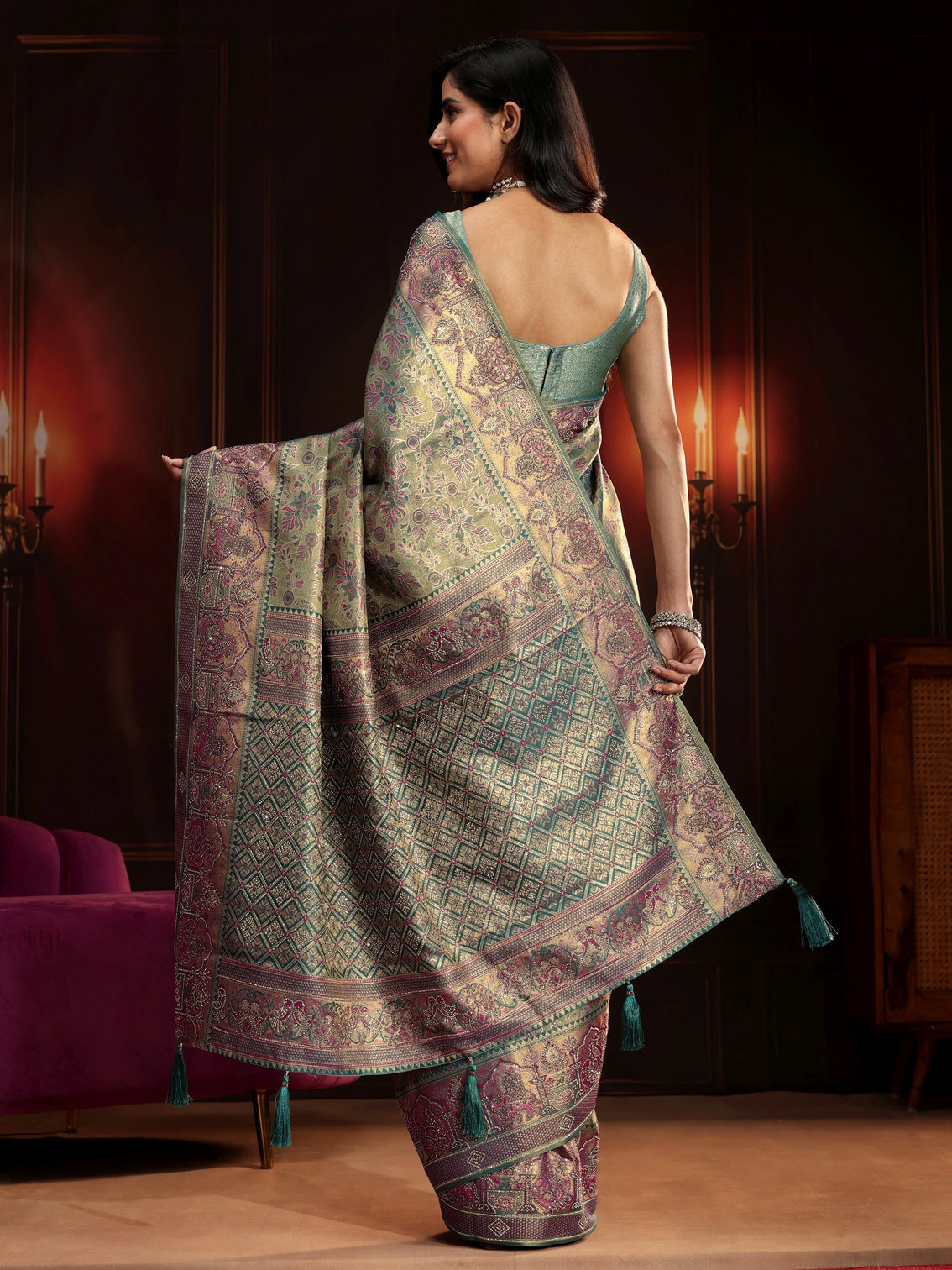 Mameraa Art Deep Sage Green Floral Woven Design Silk Blend Saree