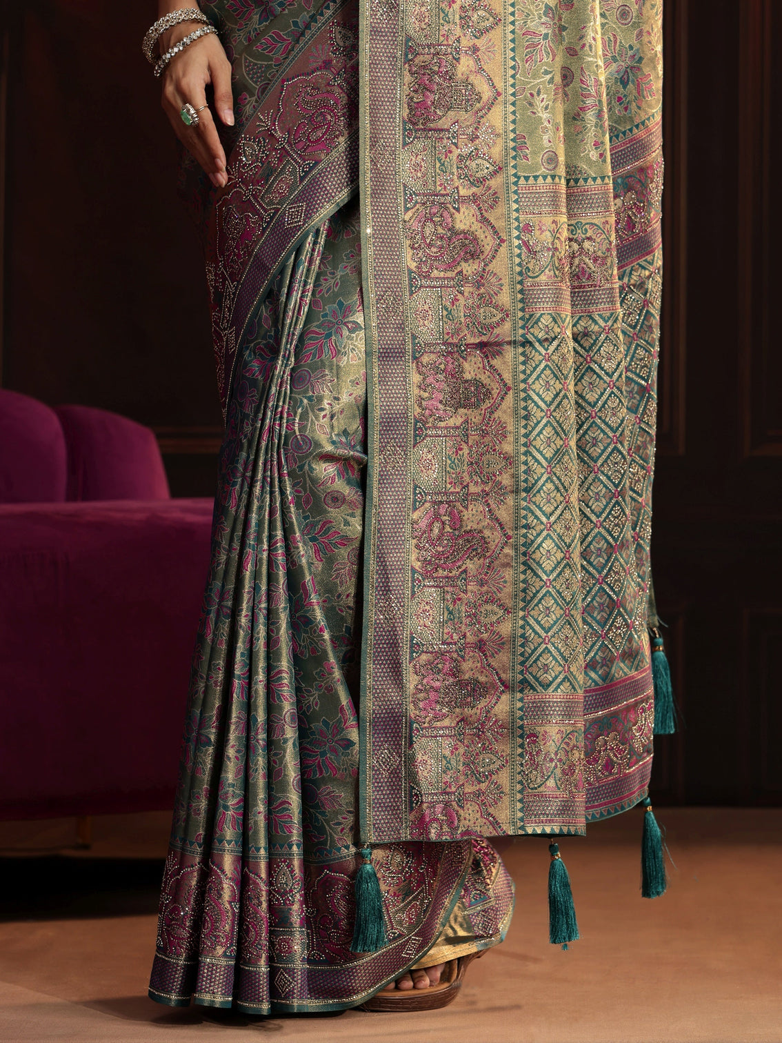 Mameraa Art Deep Sage Green Floral Woven Design Silk Blend Saree