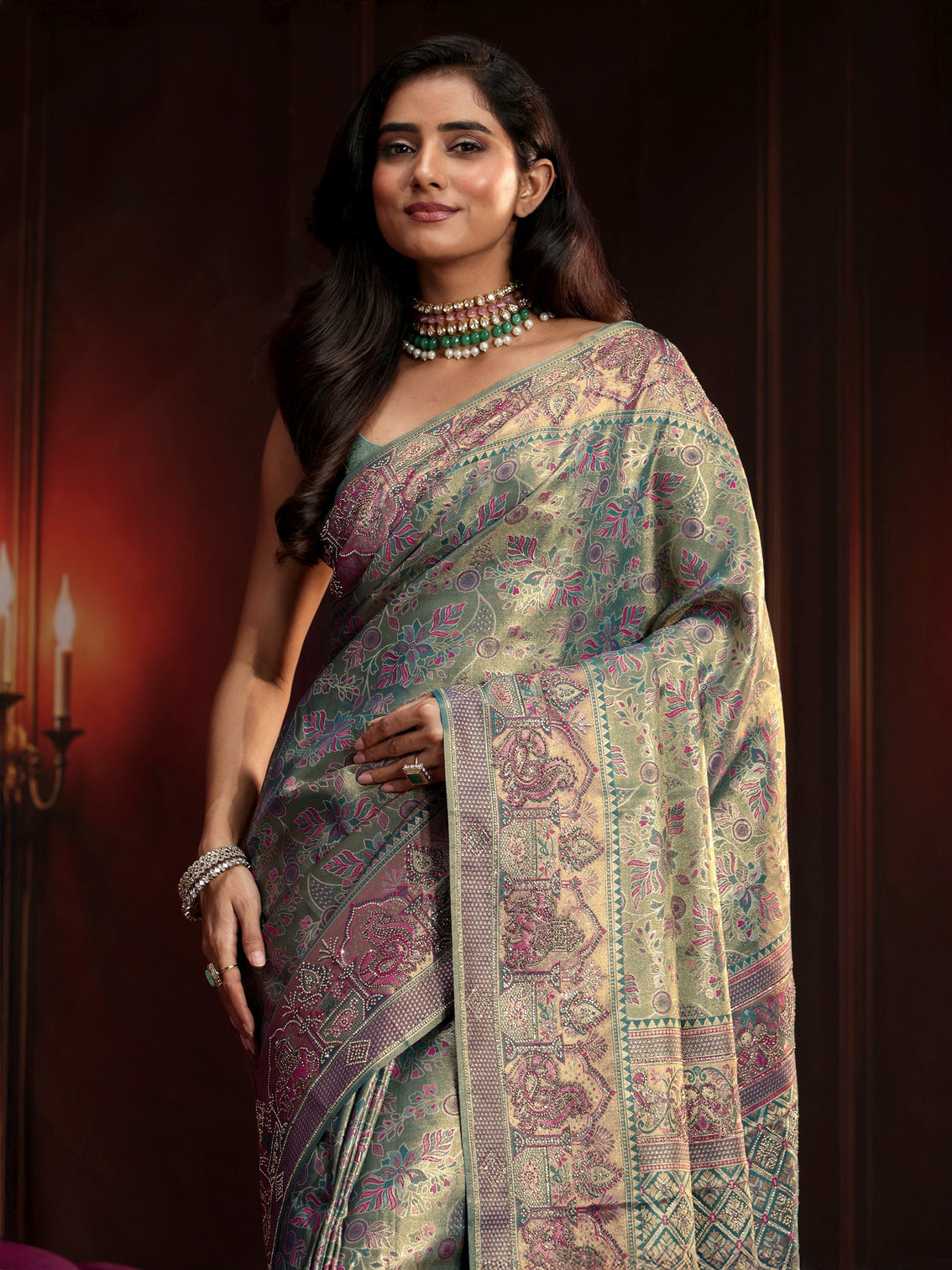 Mameraa Art Deep Sage Green Floral Woven Design Silk Blend Saree