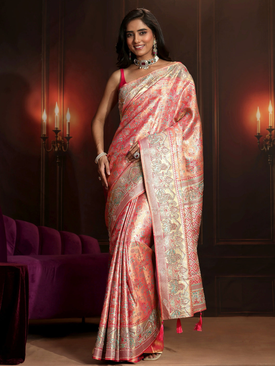 Mameraa Art Peach Pink Floral Woven Design Silk Blend Saree