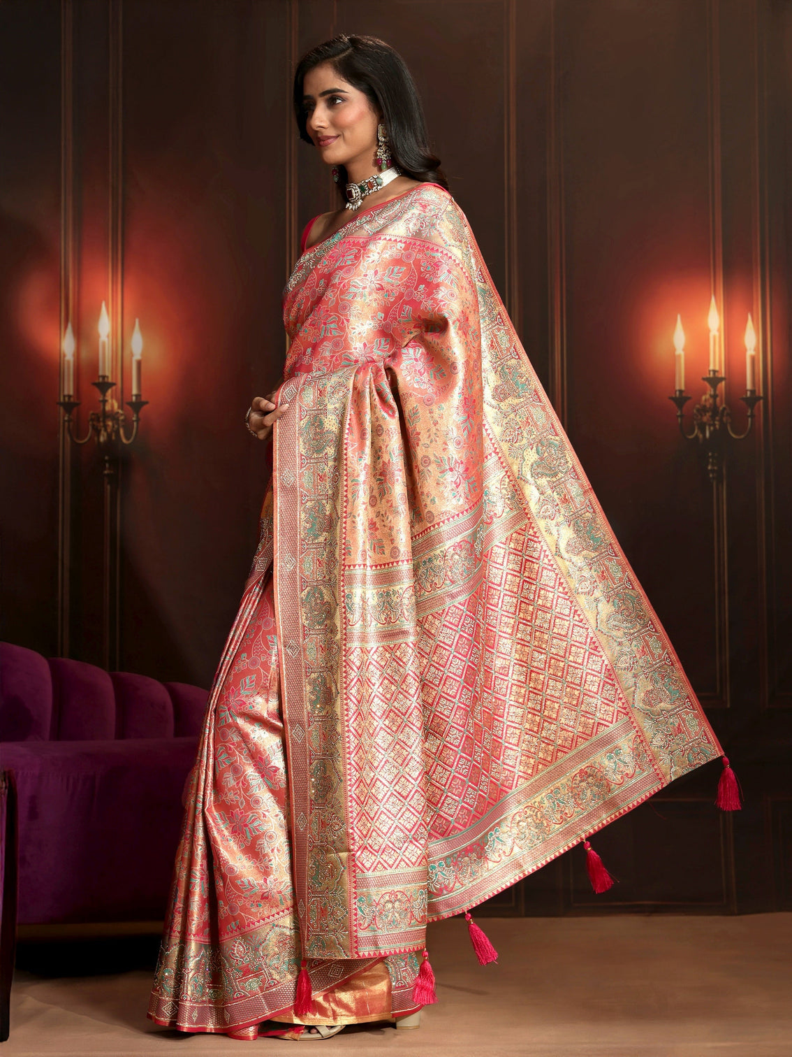 Mameraa Art Peach Pink Floral Woven Design Silk Blend Saree
