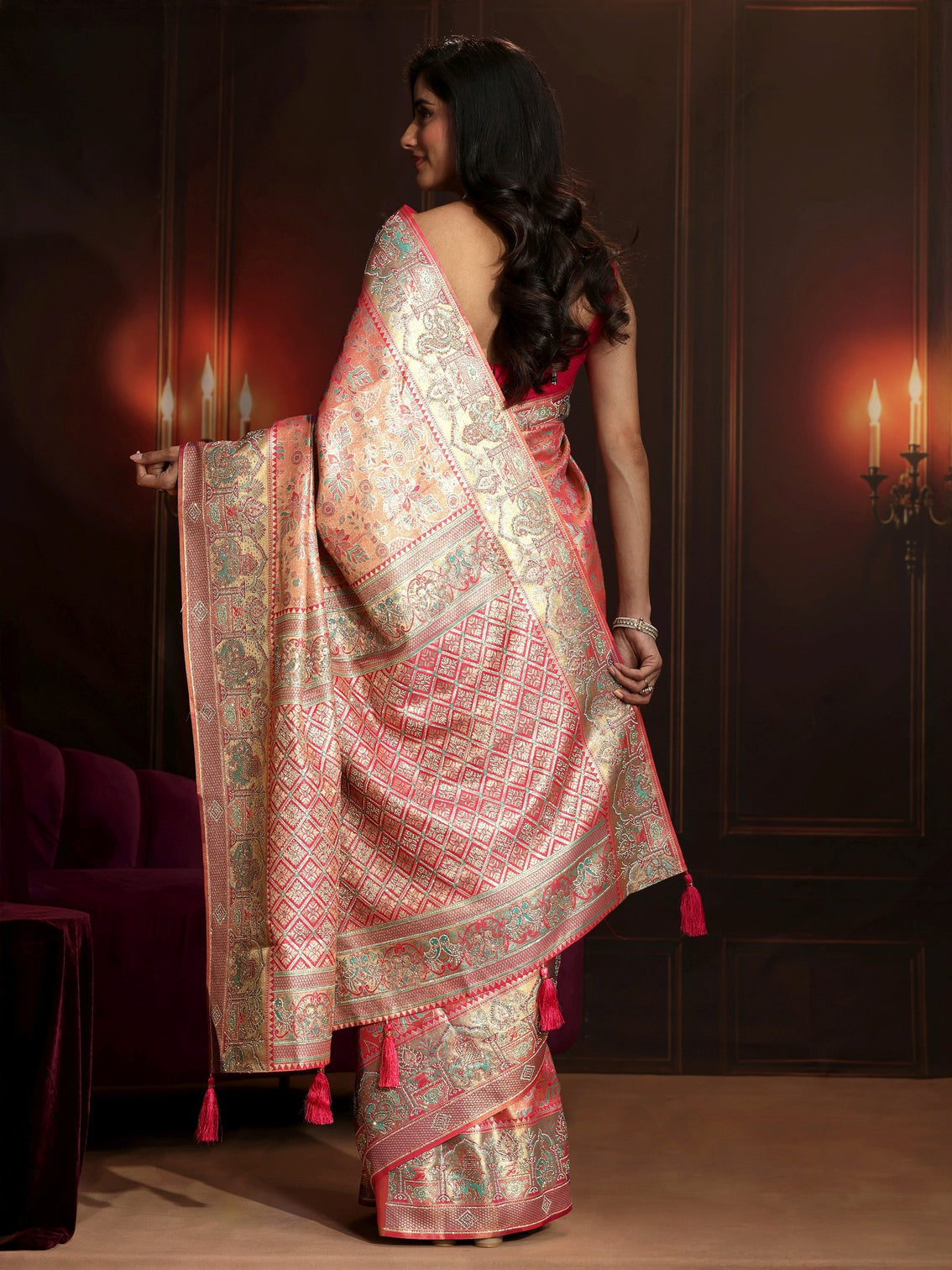 Mameraa Art Peach Pink Floral Woven Design Silk Blend Saree