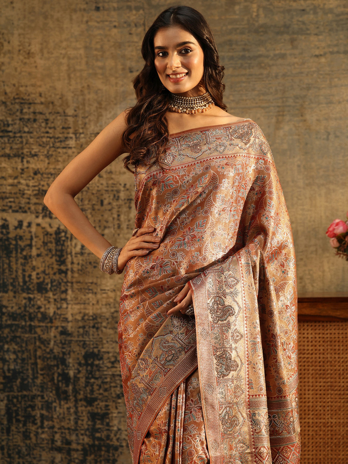 Mameraa Art Brown Jamawar Woven Silk Blend Saree