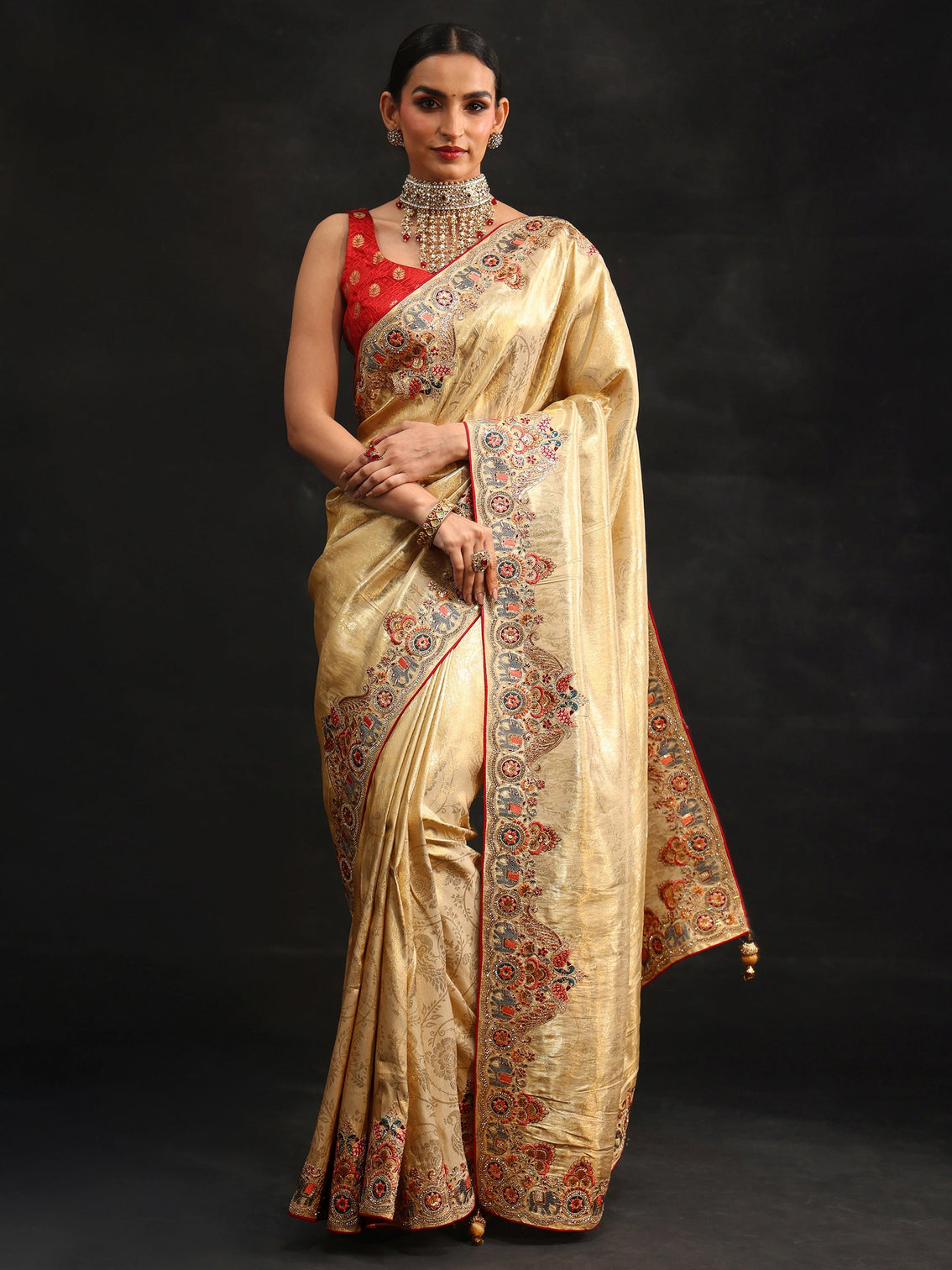 Mameraa Art Gold Silk Blend Saree with Embroidered Border