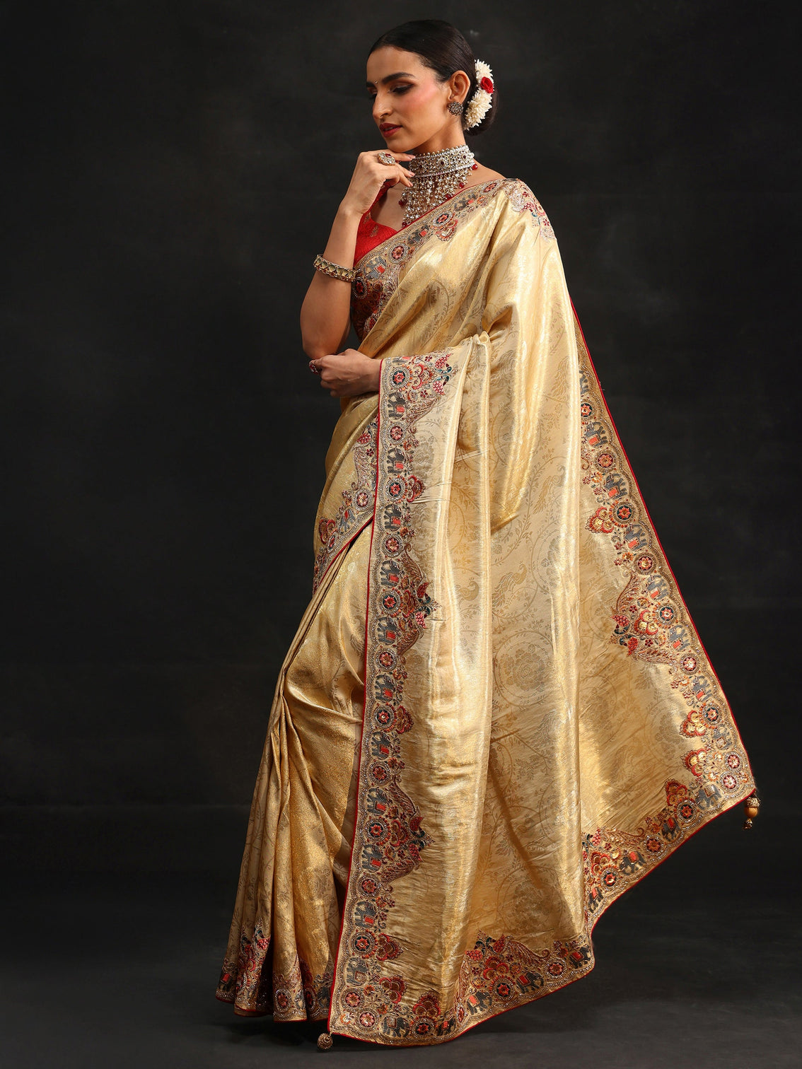 Mameraa Art Gold Silk Blend Saree with Embroidered Border