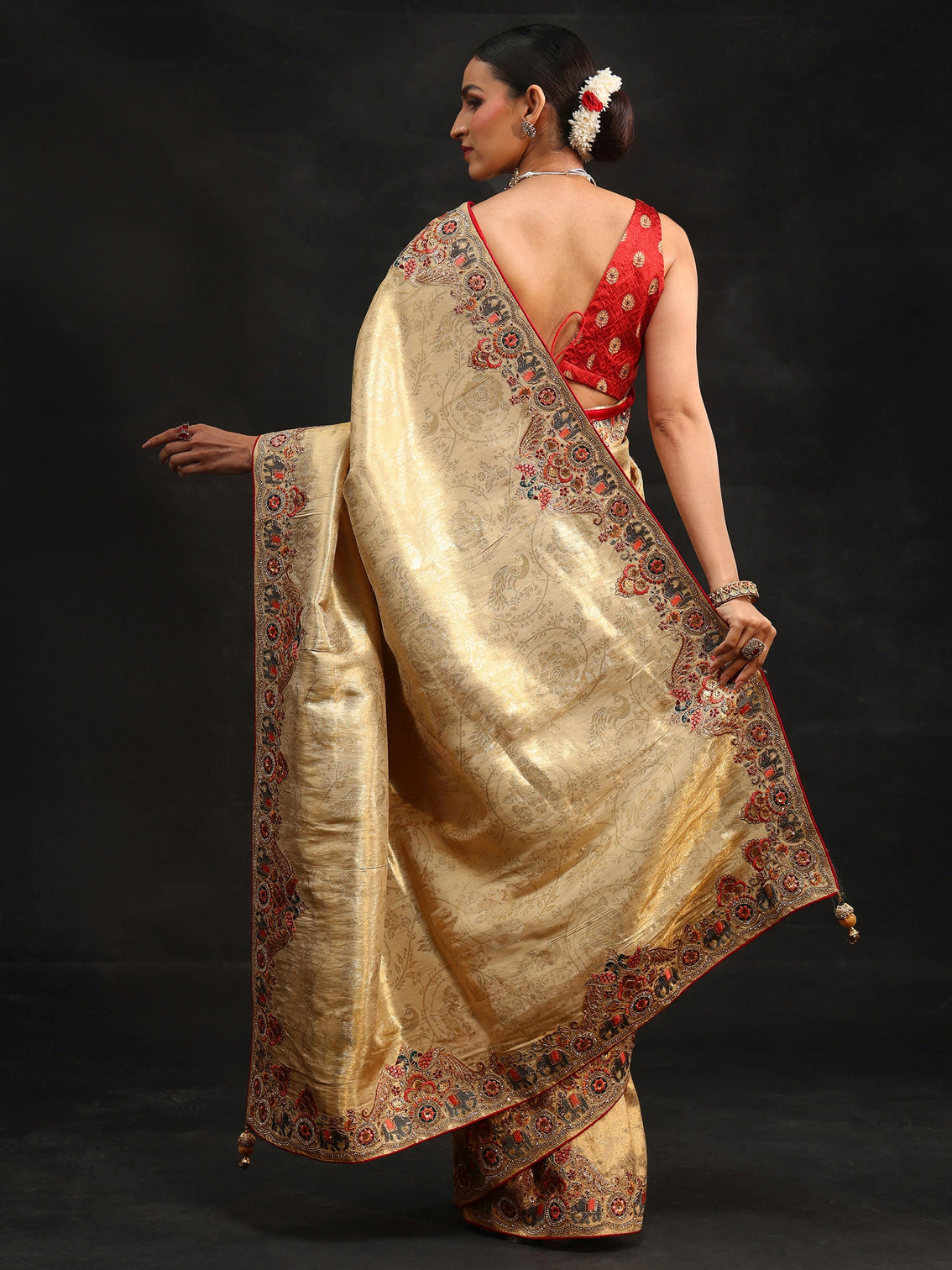 Mameraa Art Gold Silk Blend Saree with Embroidered Border