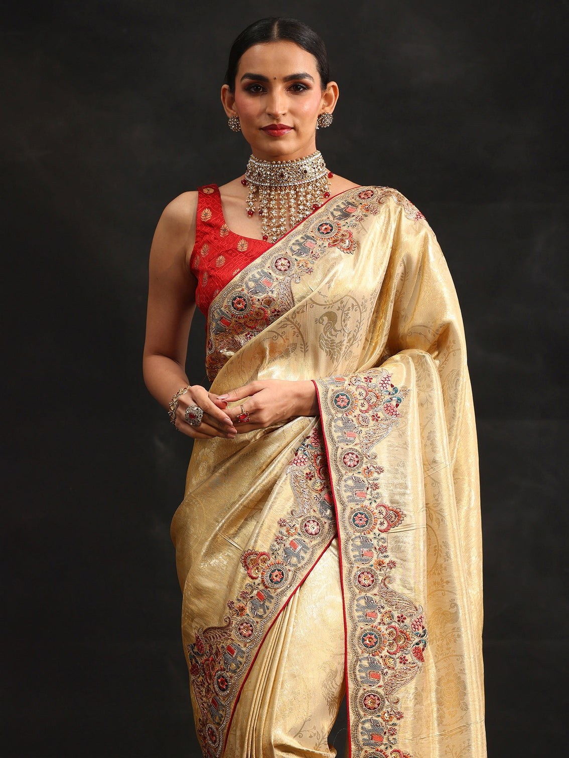 Mameraa Art Gold Silk Blend Saree with Embroidered Border