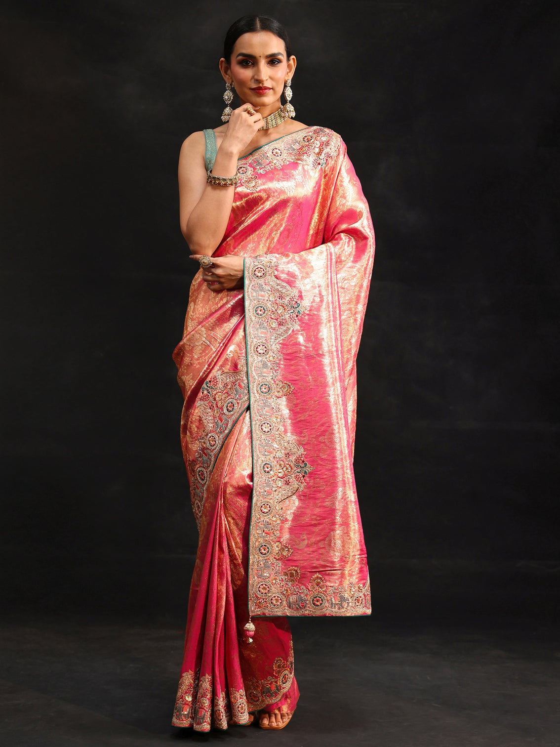 Mameraa Art Rose Pink Woven Design Saree with Embroidered Border