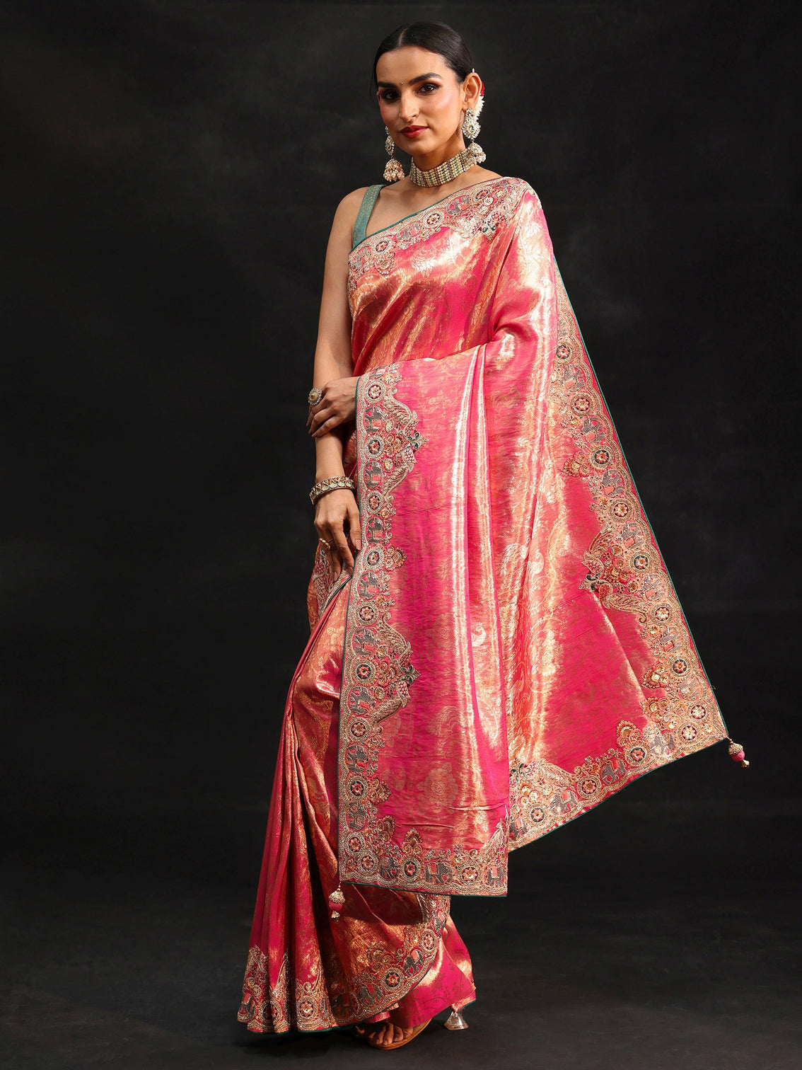 Mameraa Art Rose Pink Woven Design Saree with Embroidered Border