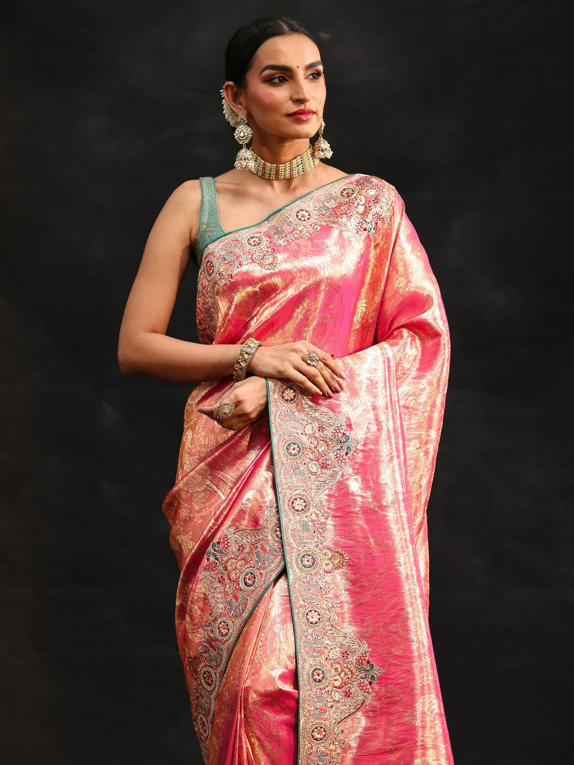 Mameraa Art Rose Pink Woven Design Saree with Embroidered Border