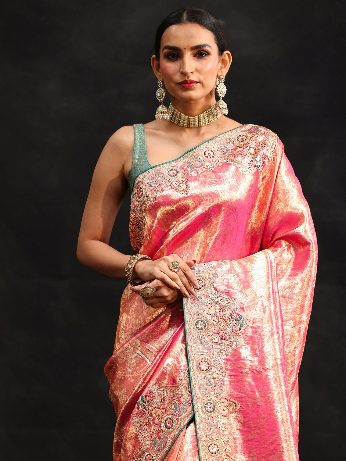 Mameraa Art Rose Pink Woven Design Saree with Embroidered Border