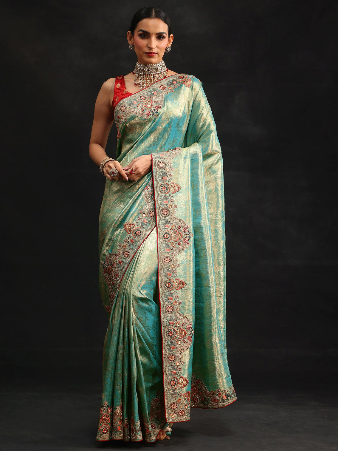 Mameraa Art Aqua Blue Woven Design Saree with Embroidered Border